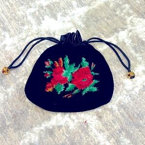 Feiler Germany Vintage Embroidered Floral Black Drawstring Purse Pouch NWOT